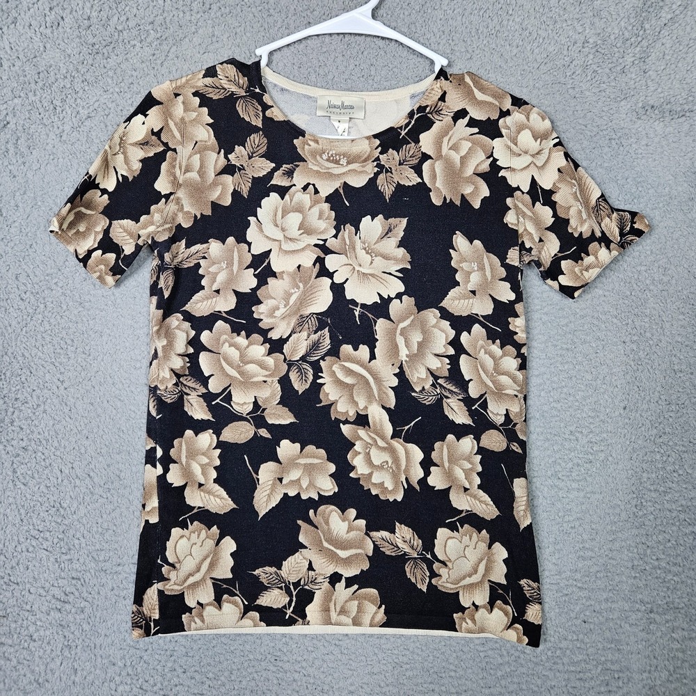 Neiman Marcus Exclusive Women's Floral Print Short Sleeve Sweater Top Sz S
